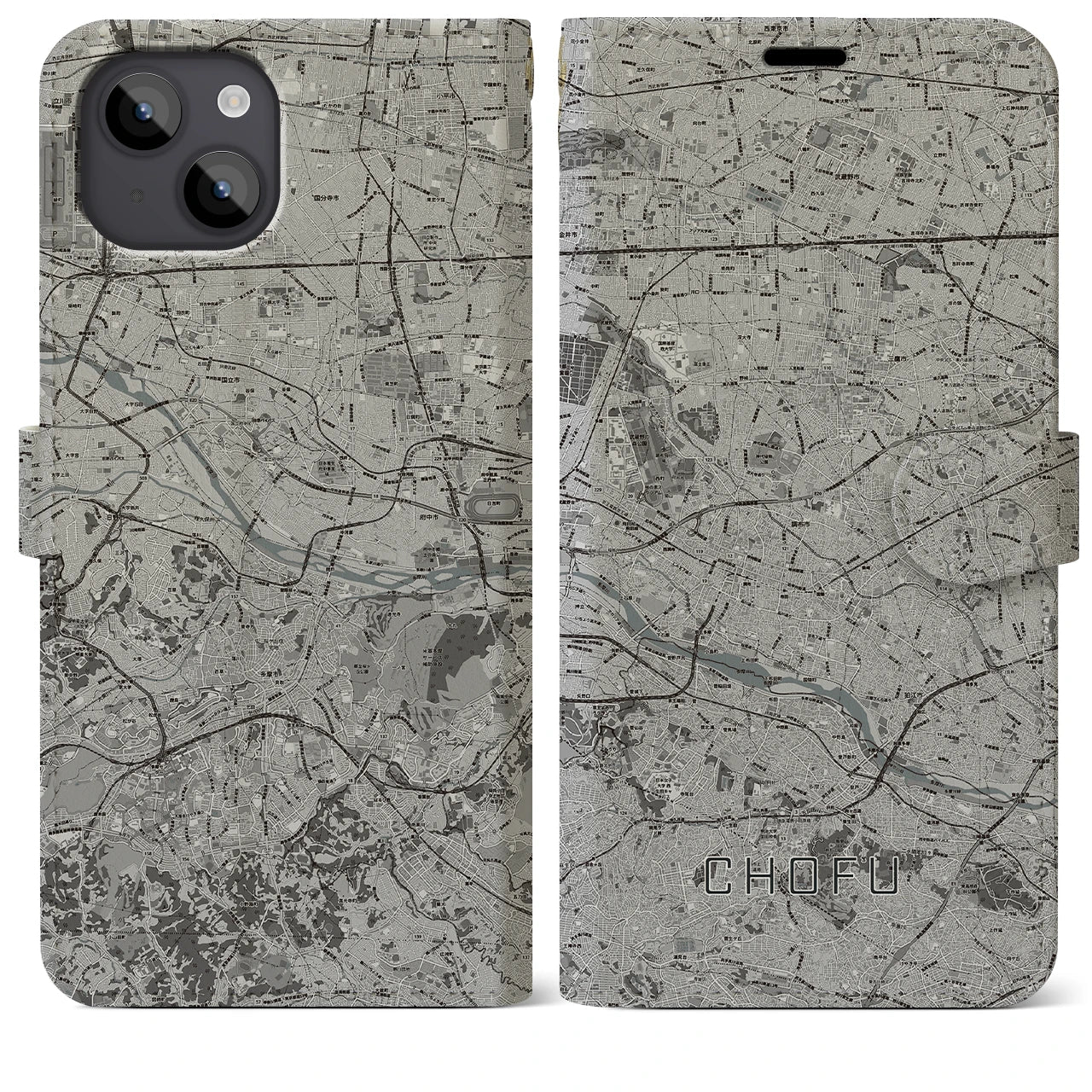 【調布2(東京都)】地図柄iPhoneケース(手帳タイプ)モノトーン・iPhone 14 Plus 用