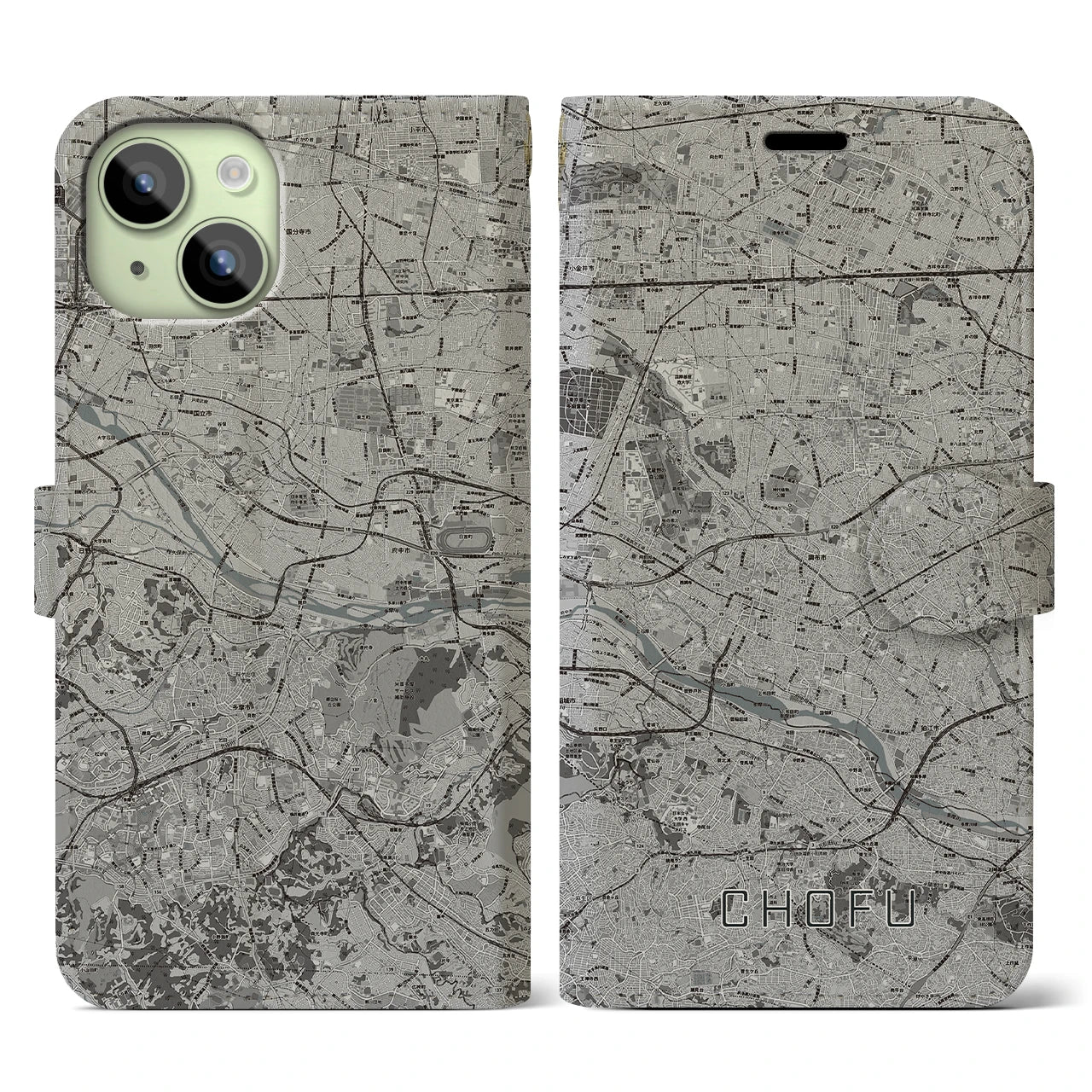 【調布2(東京都)】地図柄iPhoneケース(手帳タイプ)モノトーン・iPhone 15 用
