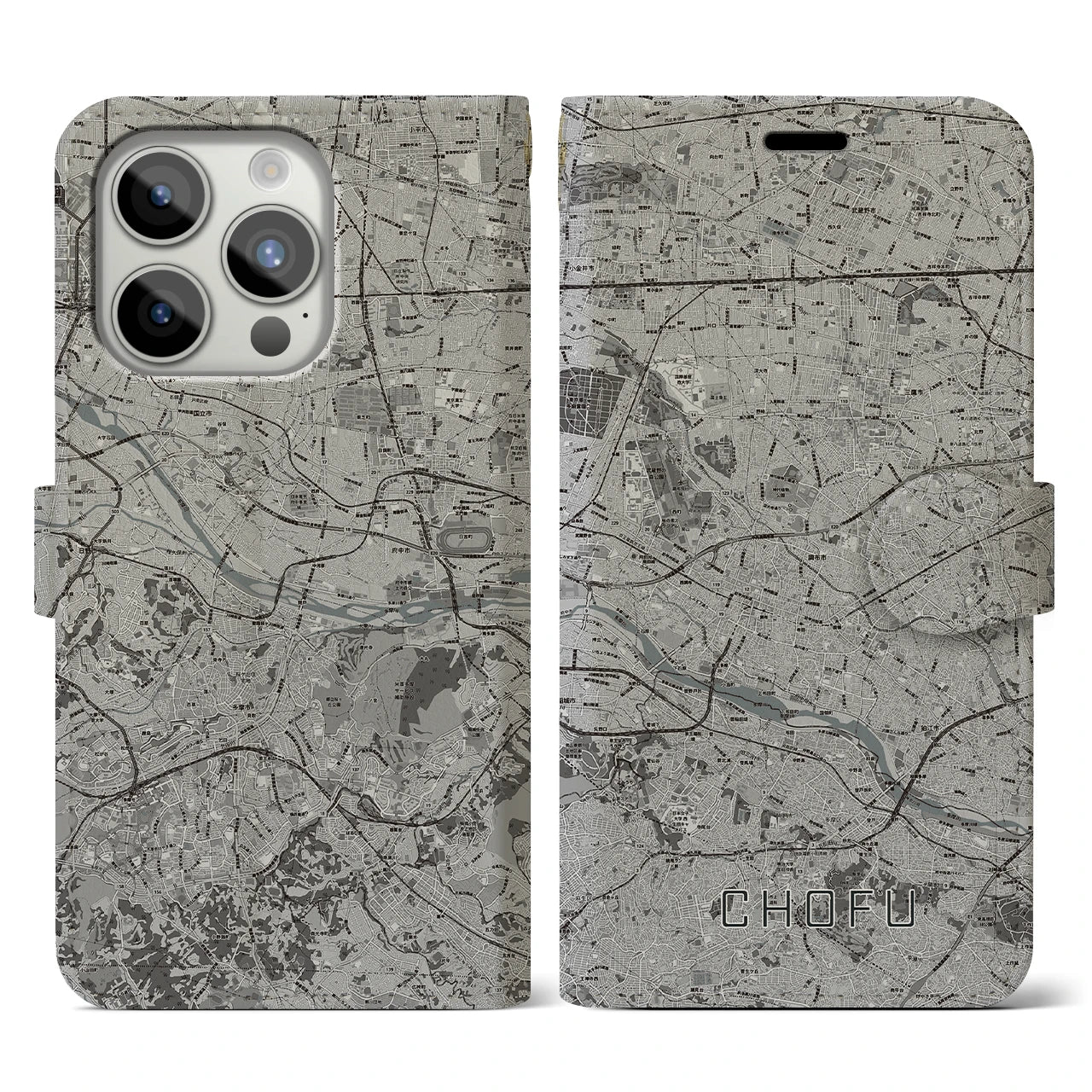【調布2(東京都)】地図柄iPhoneケース(手帳タイプ)モノトーン・iPhone 15 Pro 用
