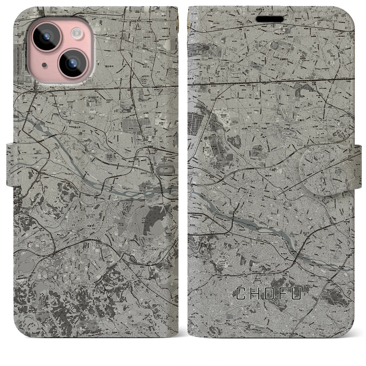 【調布2(東京都)】地図柄iPhoneケース(手帳タイプ)モノトーン・iPhone 15 Plus 用