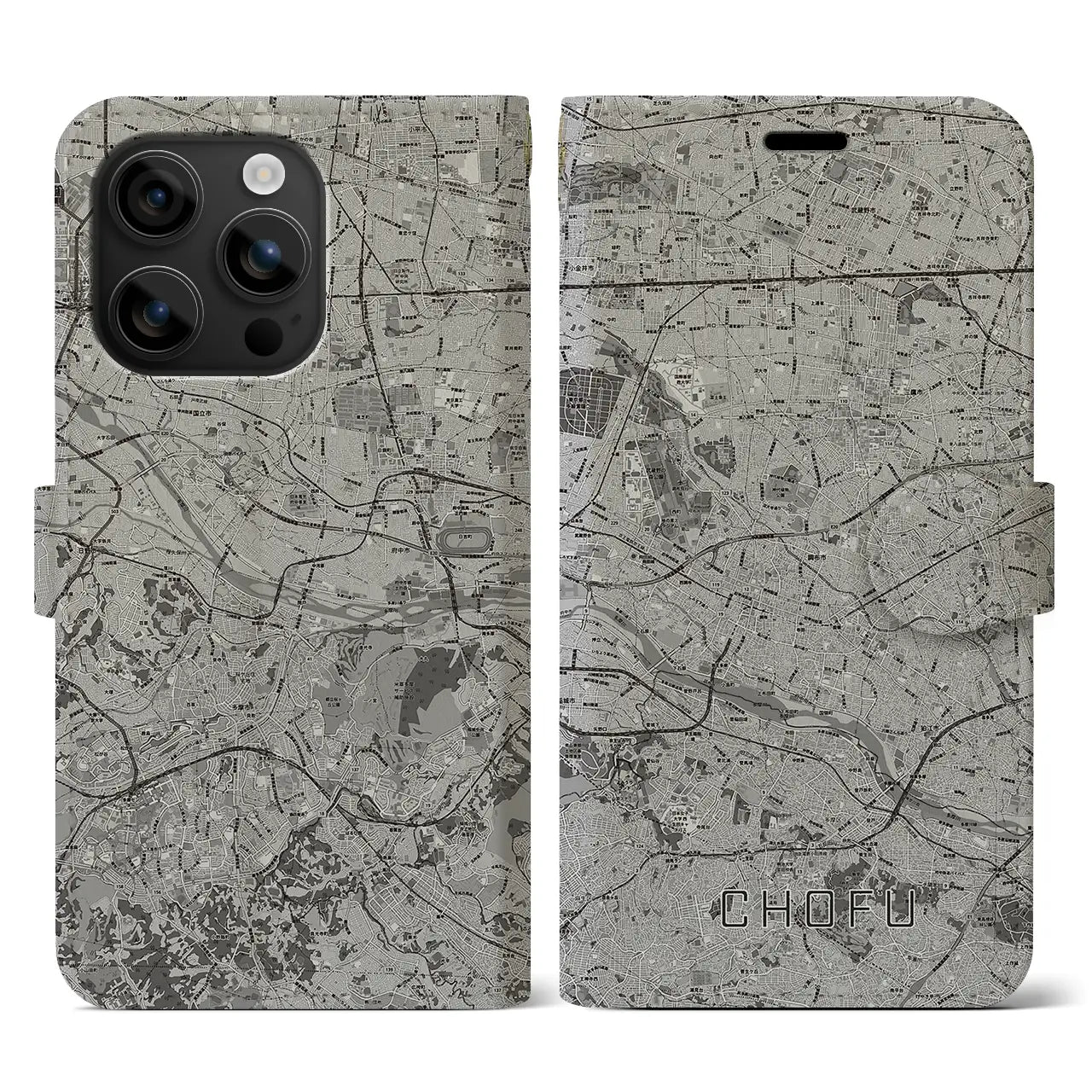 【調布2(東京都)】地図柄iPhoneケース(手帳タイプ)モノトーン・iPhone 16 用