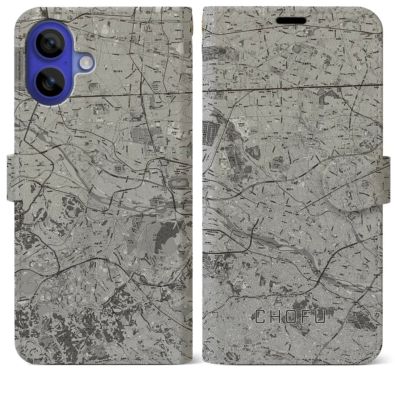 【調布2(東京都)】地図柄iPhoneケース(手帳タイプ)モノトーン・iPhone 16 Pro Max 用