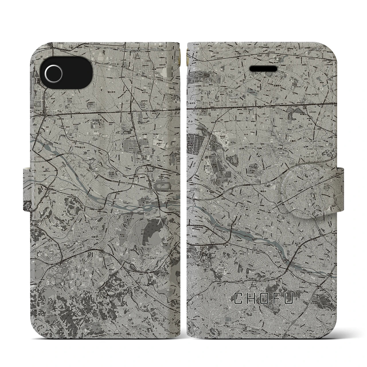 【調布2(東京都)】地図柄iPhoneケース(手帳タイプ)モノトーン・iPhone SE(第3 / 第2世代) / 8 / 7 / 6s / 6 用