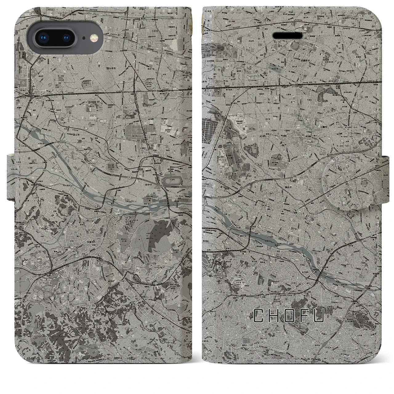 【調布2(東京都)】地図柄iPhoneケース(手帳タイプ)モノトーン・iPhone 8Plus /7Plus / 6sPlus / 6Plus 用