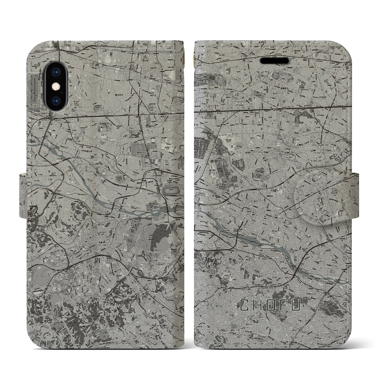 【調布2(東京都)】地図柄iPhoneケース(手帳タイプ)モノトーン・iPhone XS / X 用