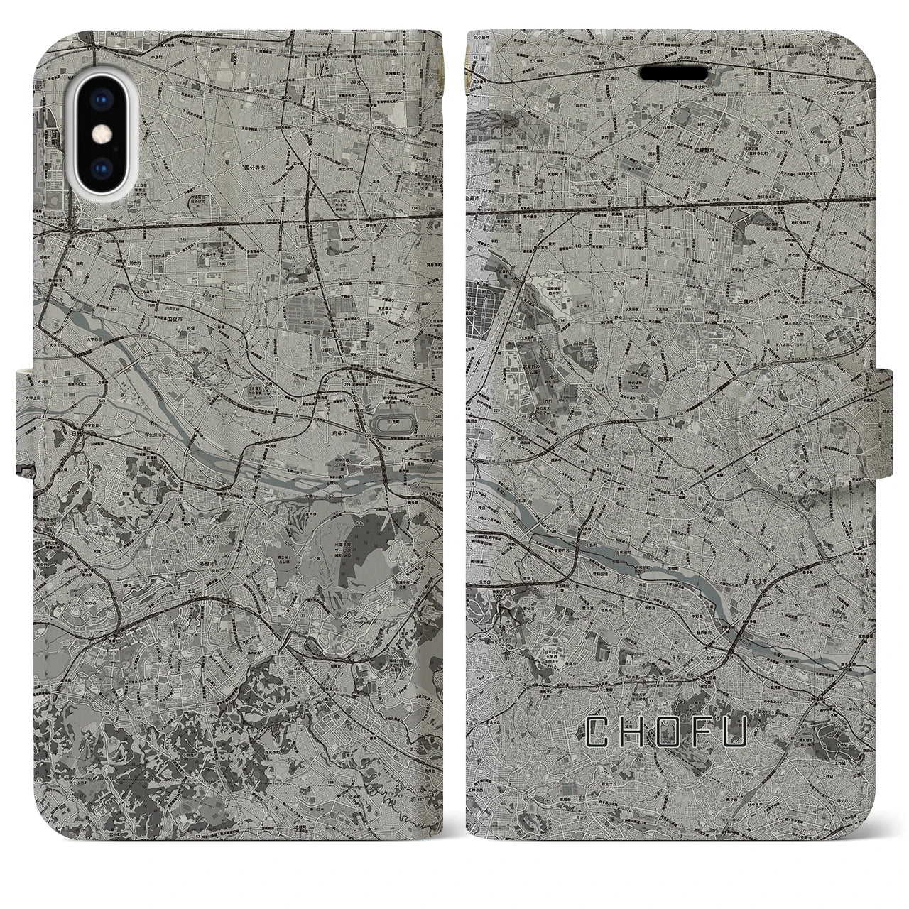 【調布2(東京都)】地図柄iPhoneケース(手帳タイプ)モノトーン・iPhone XS Max 用