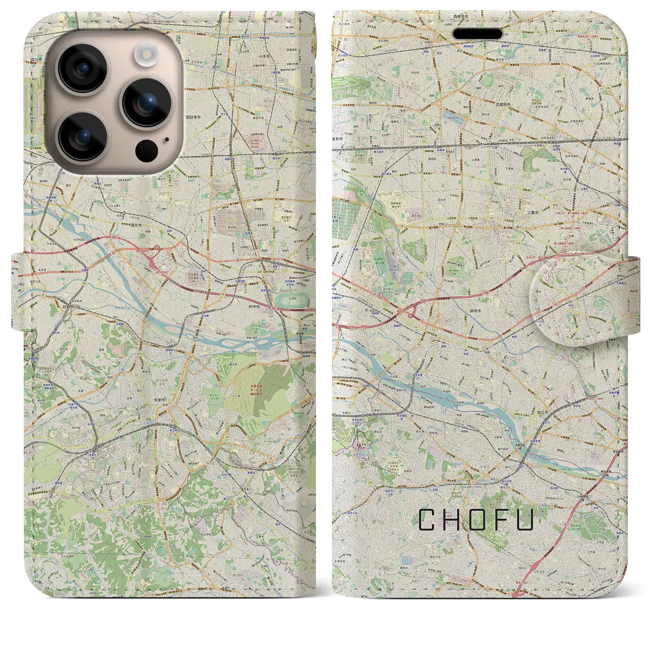 【調布2(東京都)】地図柄iPhoneケース(手帳タイプ)ナチュラル・iPhone 16 Plus 用