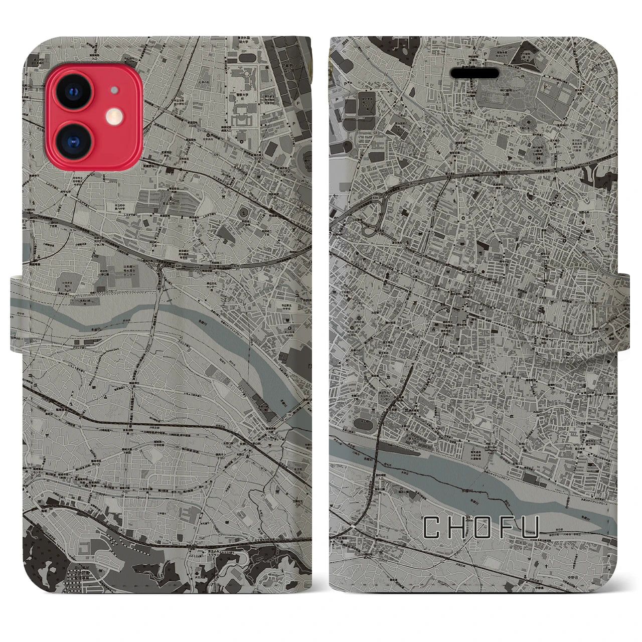 【調布(東京都)】地図柄iPhoneケース(手帳タイプ)モノトーン・iPhone 11 用