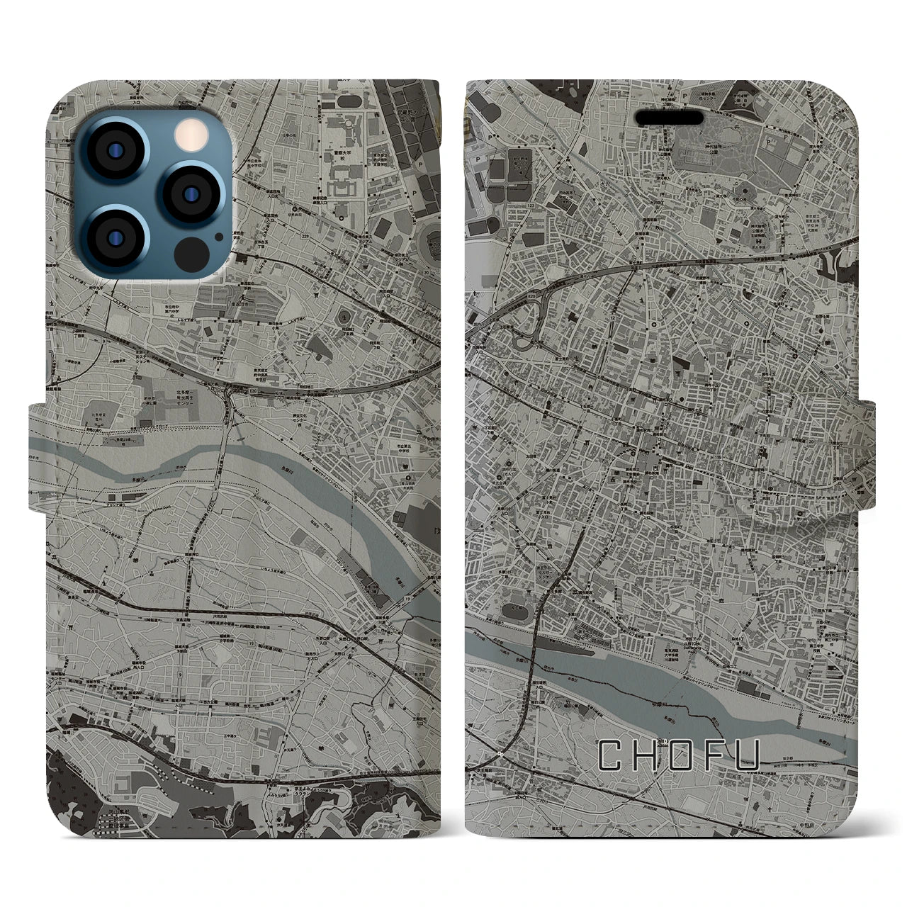 【調布(東京都)】地図柄iPhoneケース(手帳タイプ)モノトーン・iPhone 12 / 12 Pro 用