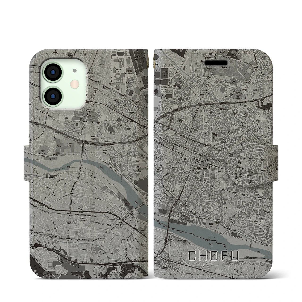 【調布(東京都)】地図柄iPhoneケース(手帳タイプ)モノトーン・iPhone 12 mini 用