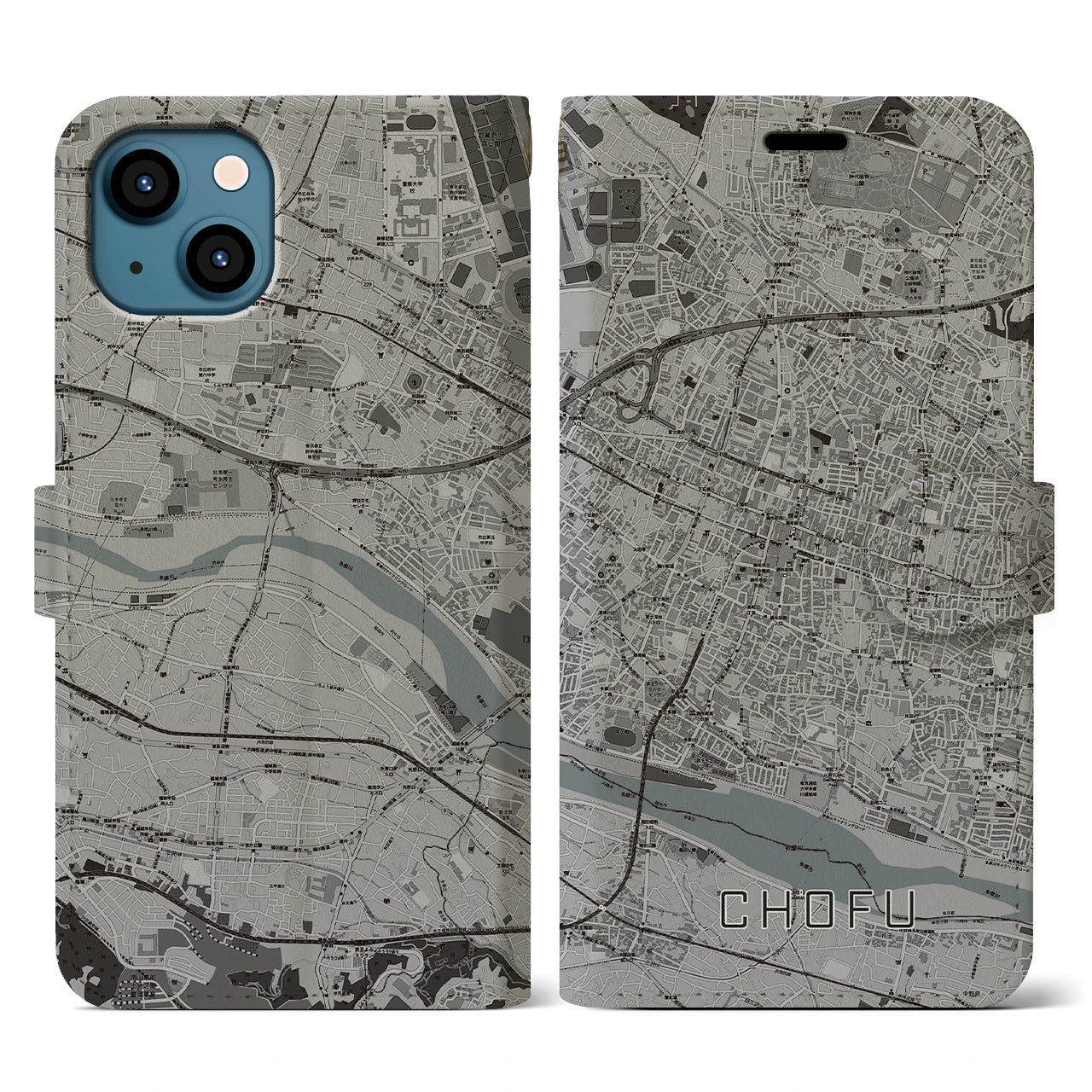 【調布(東京都)】地図柄iPhoneケース(手帳タイプ)モノトーン・iPhone 13 用