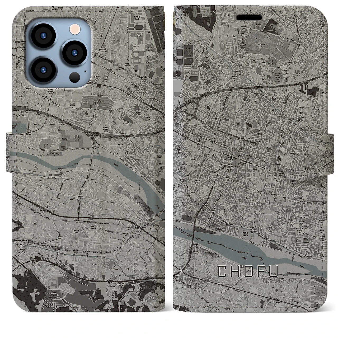 【調布(東京都)】地図柄iPhoneケース(手帳タイプ)モノトーン・iPhone 13 Pro Max 用