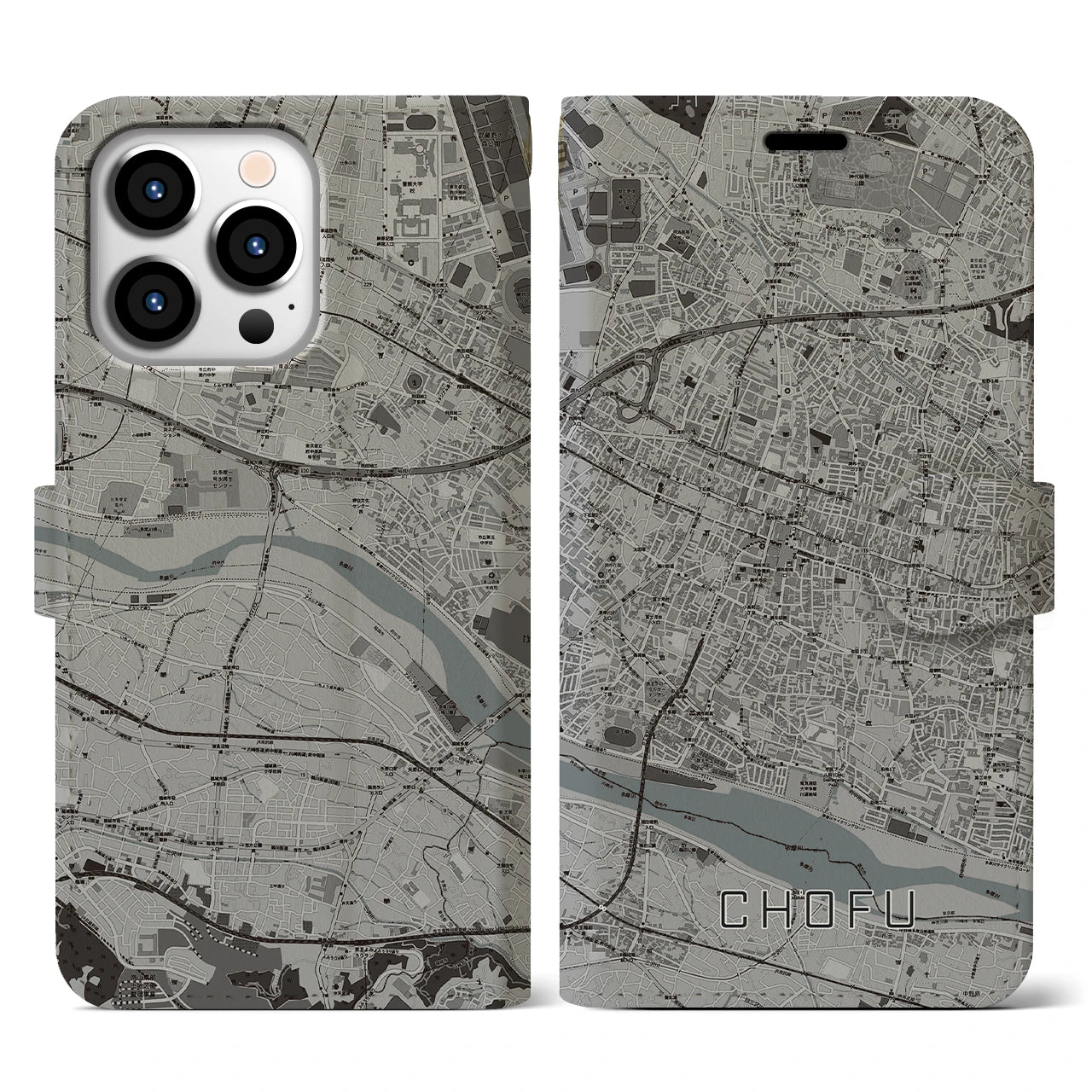 【調布(東京都)】地図柄iPhoneケース(手帳タイプ)モノトーン・iPhone 13 Pro 用
