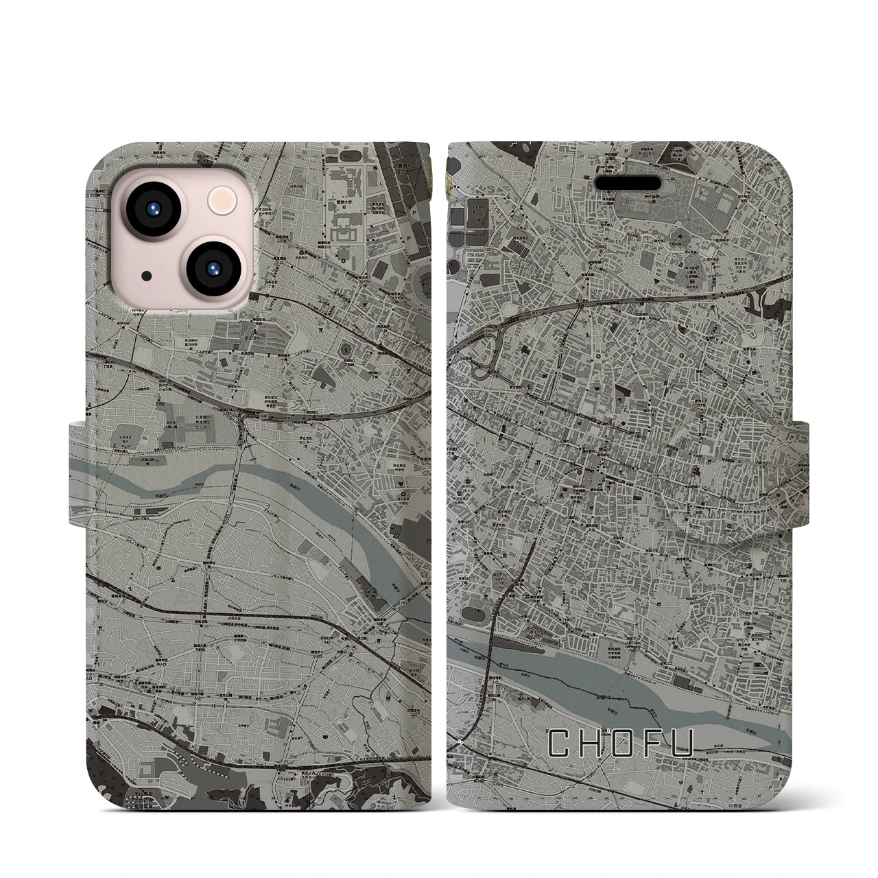 【調布(東京都)】地図柄iPhoneケース(手帳タイプ)モノトーン・iPhone 13 mini 用