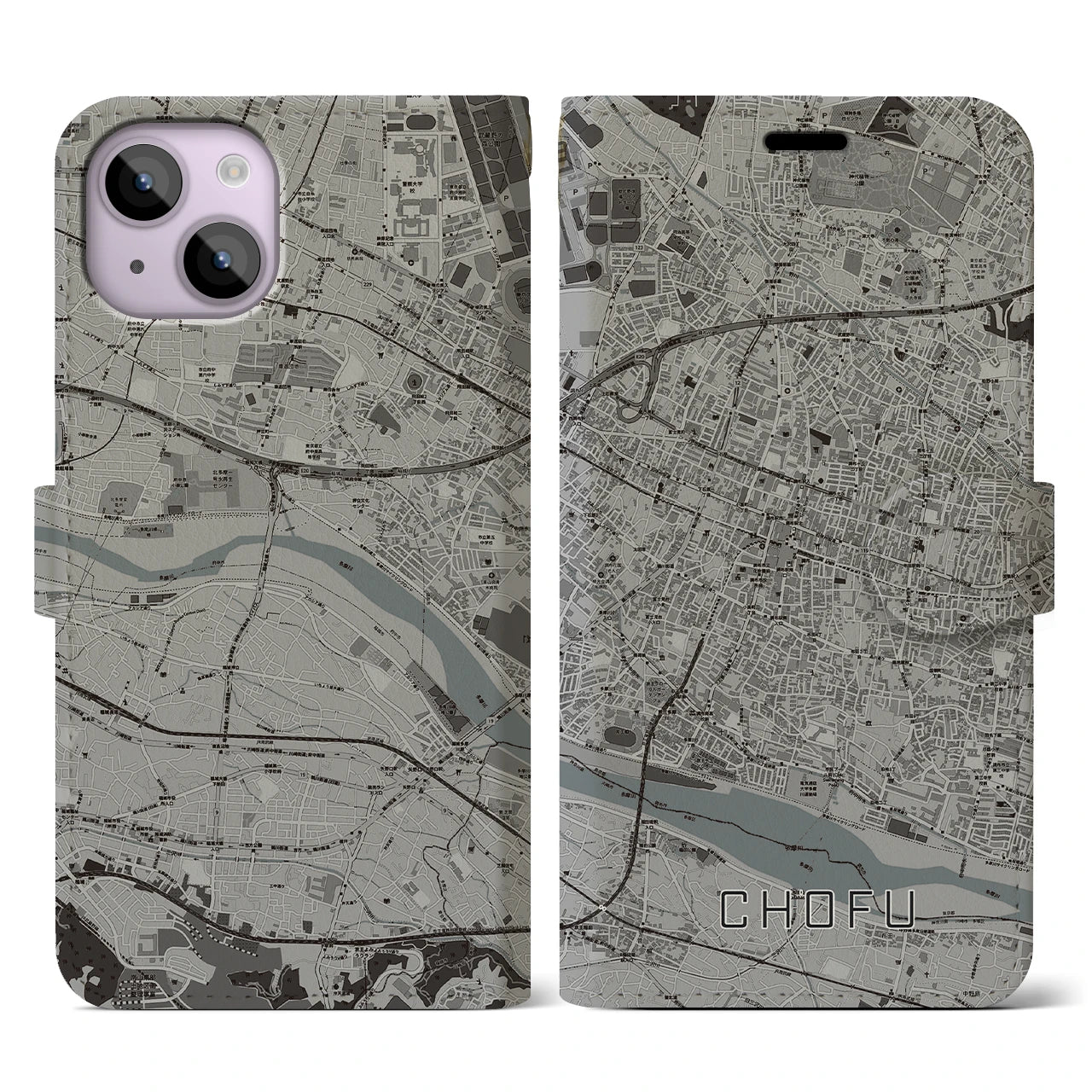 【調布(東京都)】地図柄iPhoneケース(手帳タイプ)モノトーン・iPhone 14 用
