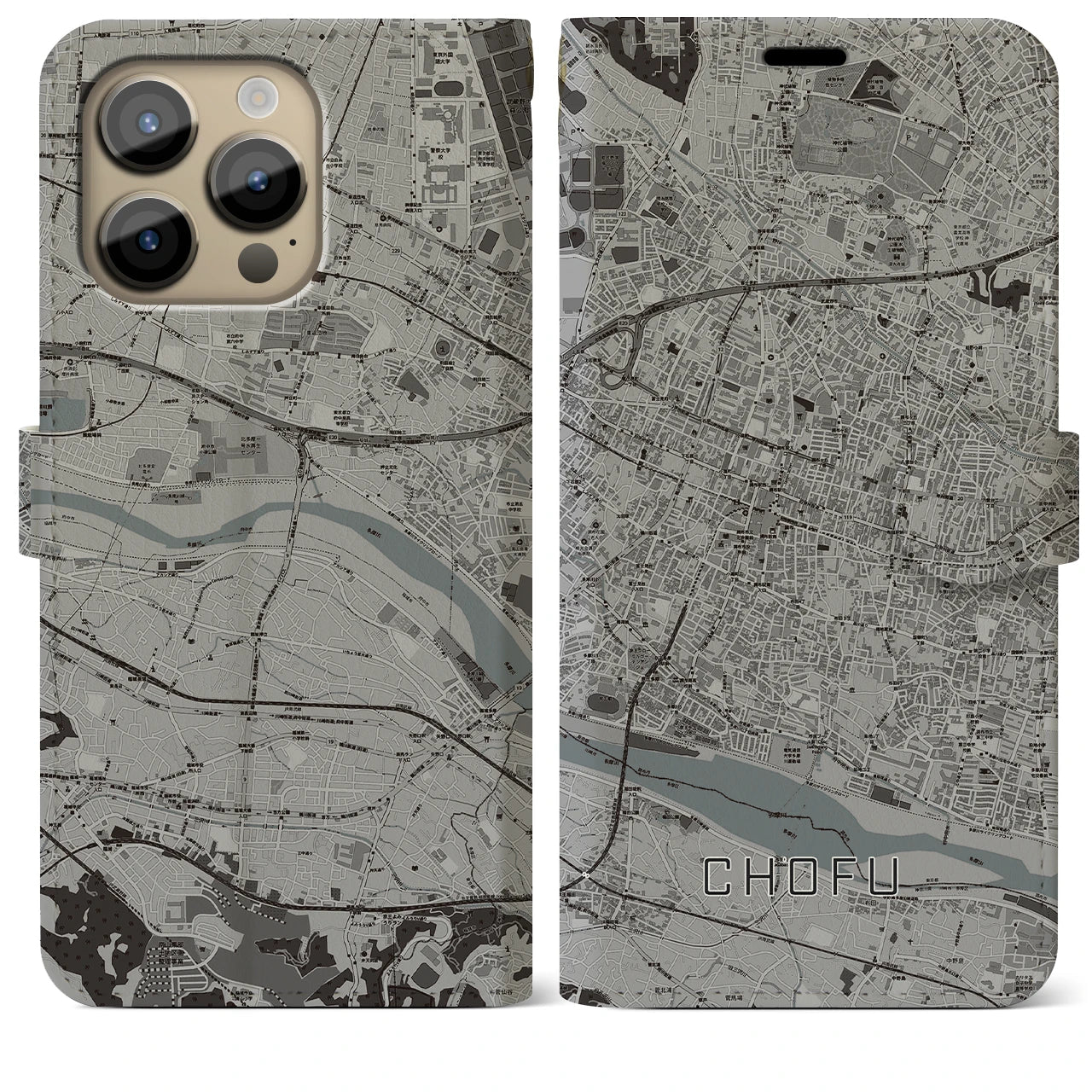 【調布(東京都)】地図柄iPhoneケース(手帳タイプ)モノトーン・iPhone 14 Pro Max 用