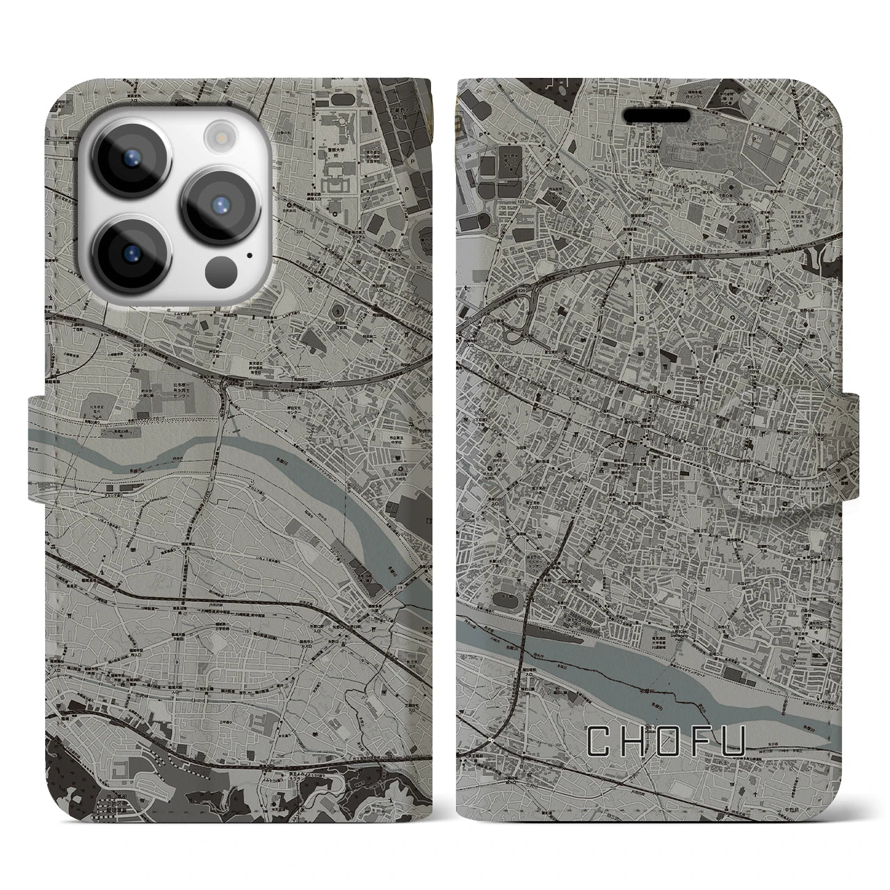 【調布(東京都)】地図柄iPhoneケース(手帳タイプ)モノトーン・iPhone 14 Pro 用
