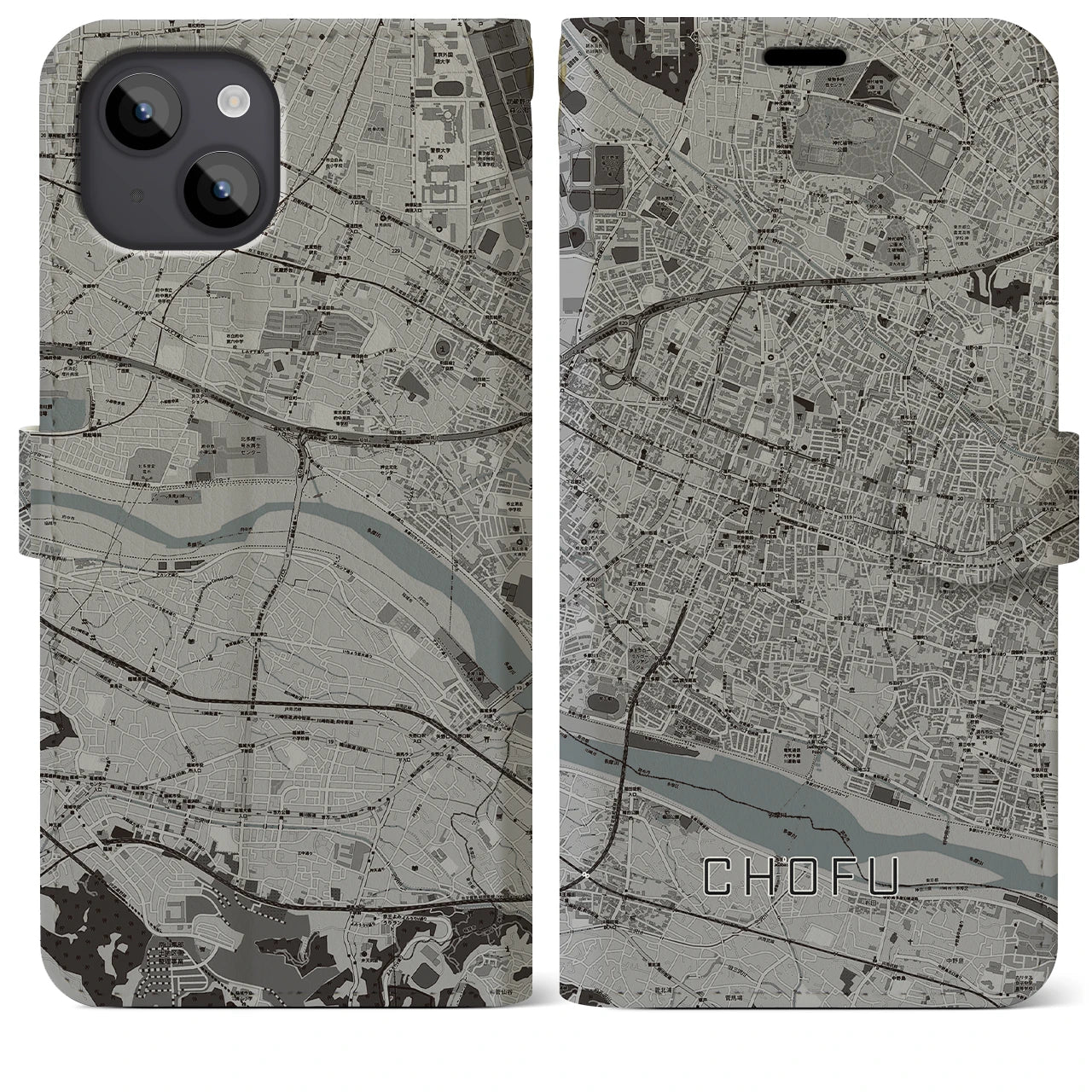 【調布(東京都)】地図柄iPhoneケース(手帳タイプ)モノトーン・iPhone 14 Plus 用