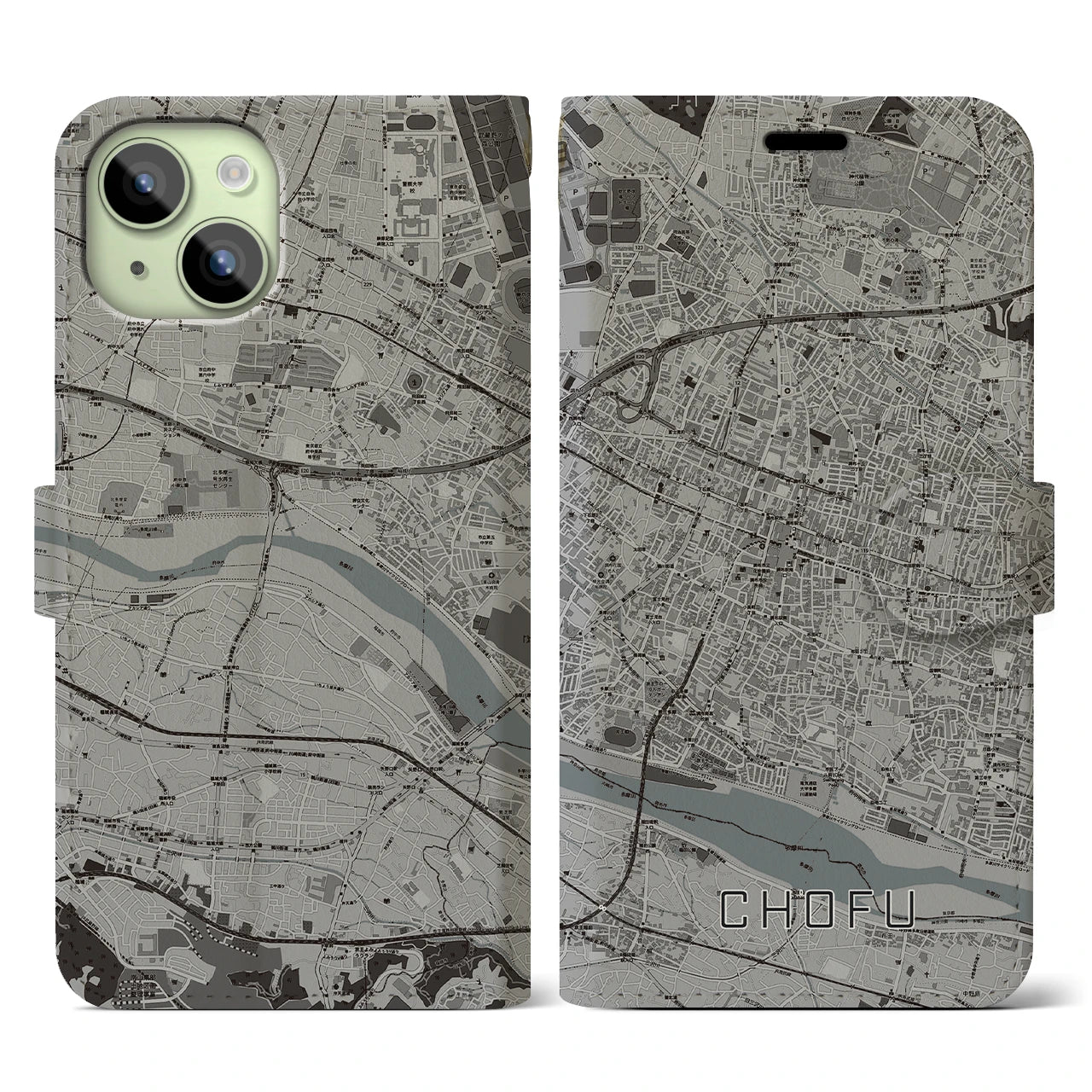 【調布(東京都)】地図柄iPhoneケース(手帳タイプ)モノトーン・iPhone 15 用