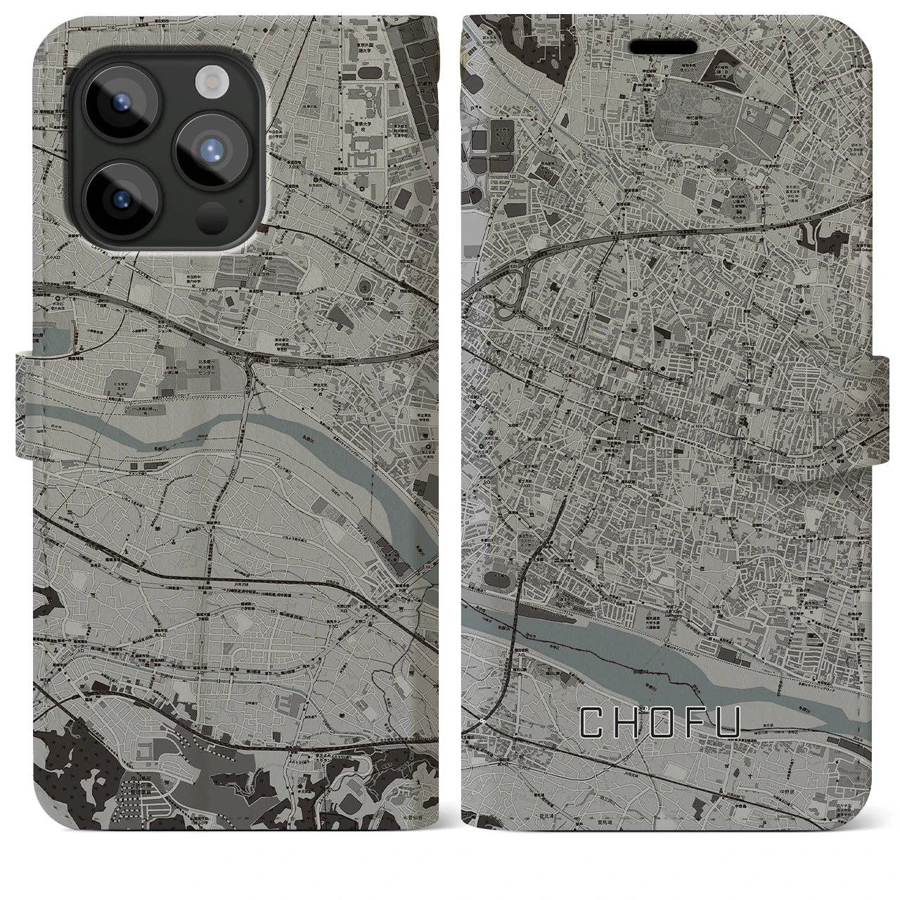 【調布(東京都)】地図柄iPhoneケース(手帳タイプ)モノトーン・iPhone 15 Pro Max 用