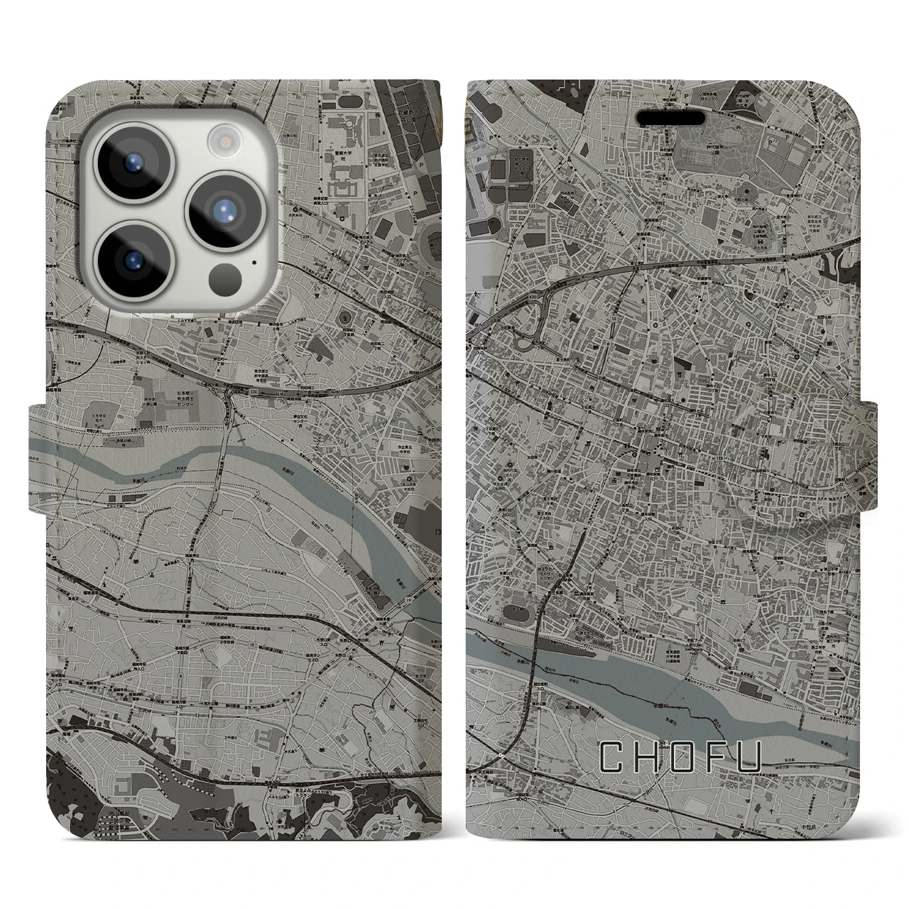 【調布(東京都)】地図柄iPhoneケース(手帳タイプ)モノトーン・iPhone 15 Pro 用