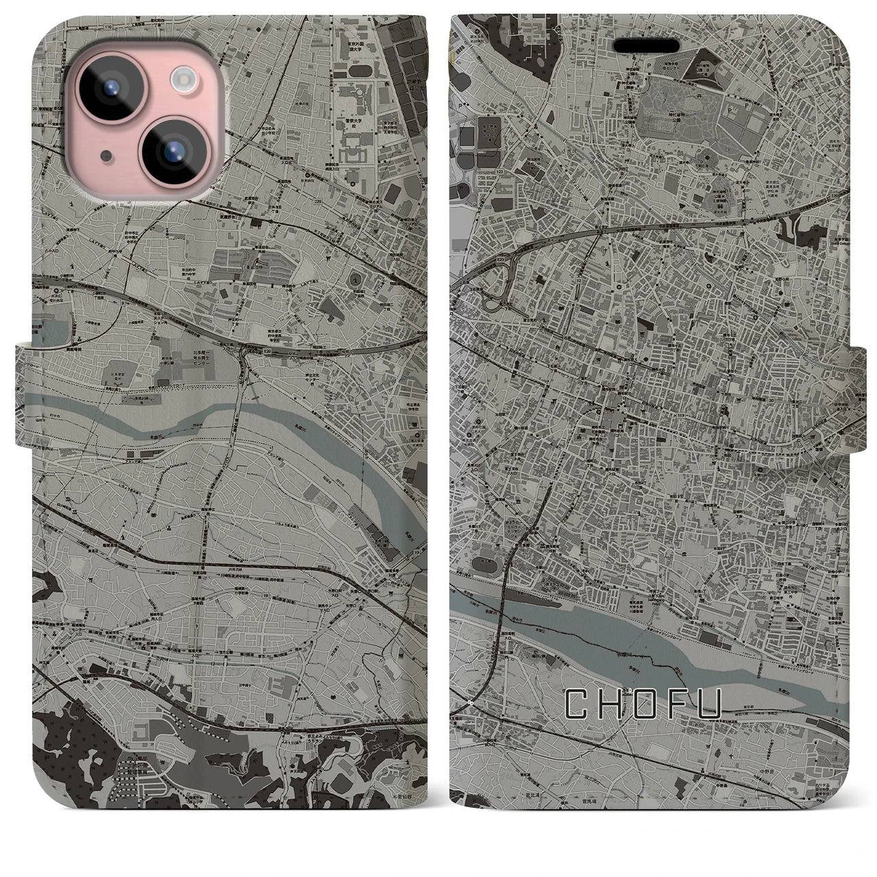 【調布(東京都)】地図柄iPhoneケース(手帳タイプ)モノトーン・iPhone 15 Plus 用