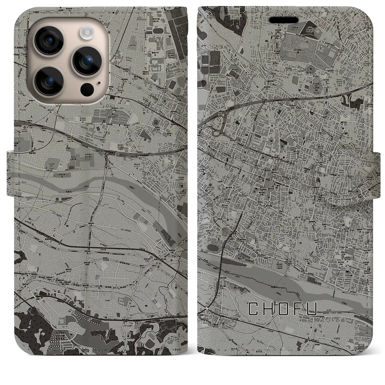 【調布(東京都)】地図柄iPhoneケース(手帳タイプ)モノトーン・iPhone 16 Plus 用