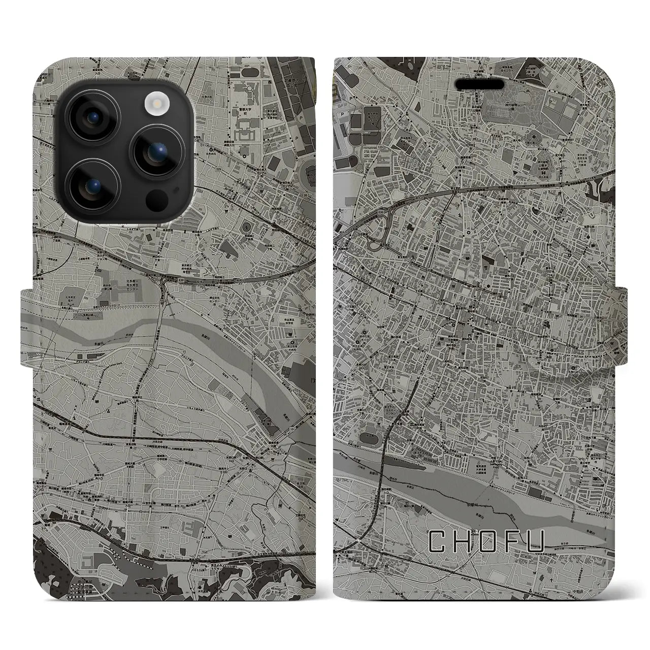 【調布(東京都)】地図柄iPhoneケース(手帳タイプ)モノトーン・iPhone 16 用