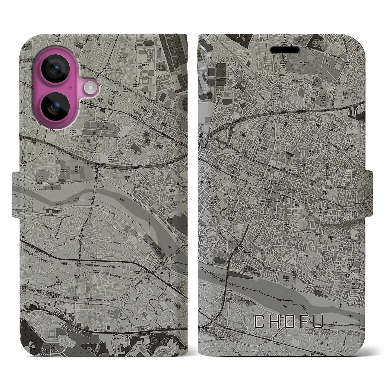 【調布(東京都)】地図柄iPhoneケース(手帳タイプ)モノトーン・iPhone 16 Pro 用