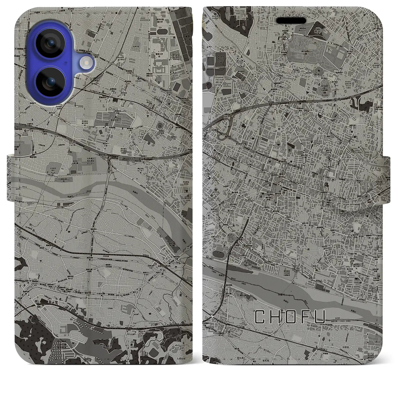 【調布(東京都)】地図柄iPhoneケース(手帳タイプ)モノトーン・iPhone 16 Pro Max 用