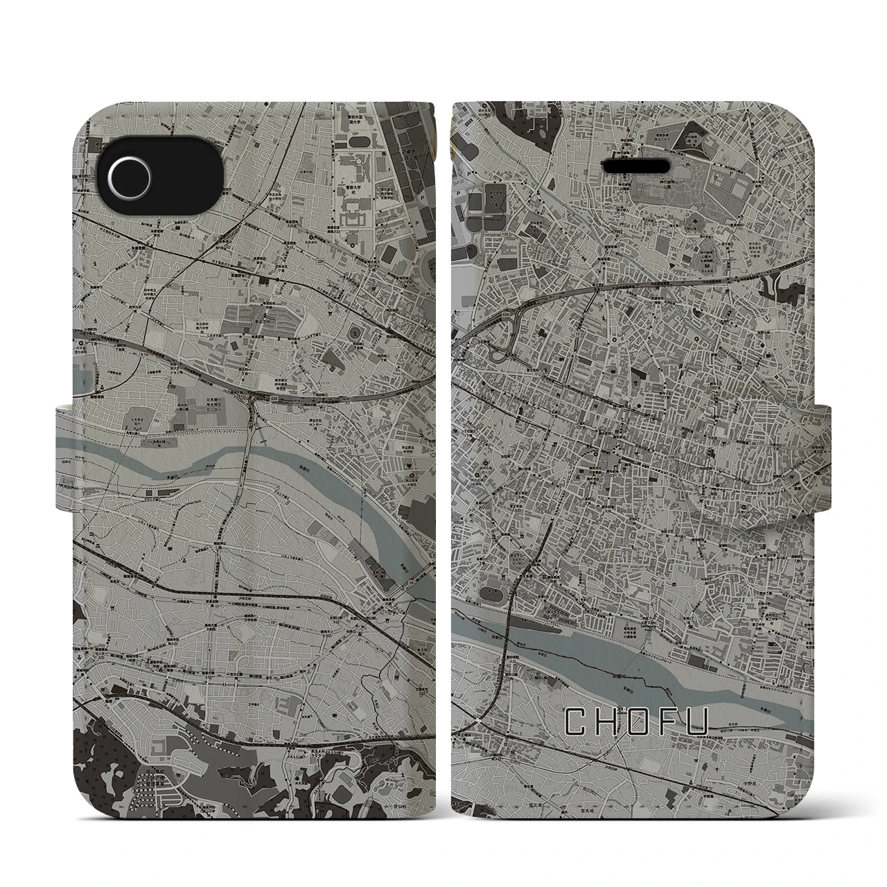 【調布(東京都)】地図柄iPhoneケース(手帳タイプ)モノトーン・iPhone SE(第3 / 第2世代) / 8 / 7 / 6s / 6 用