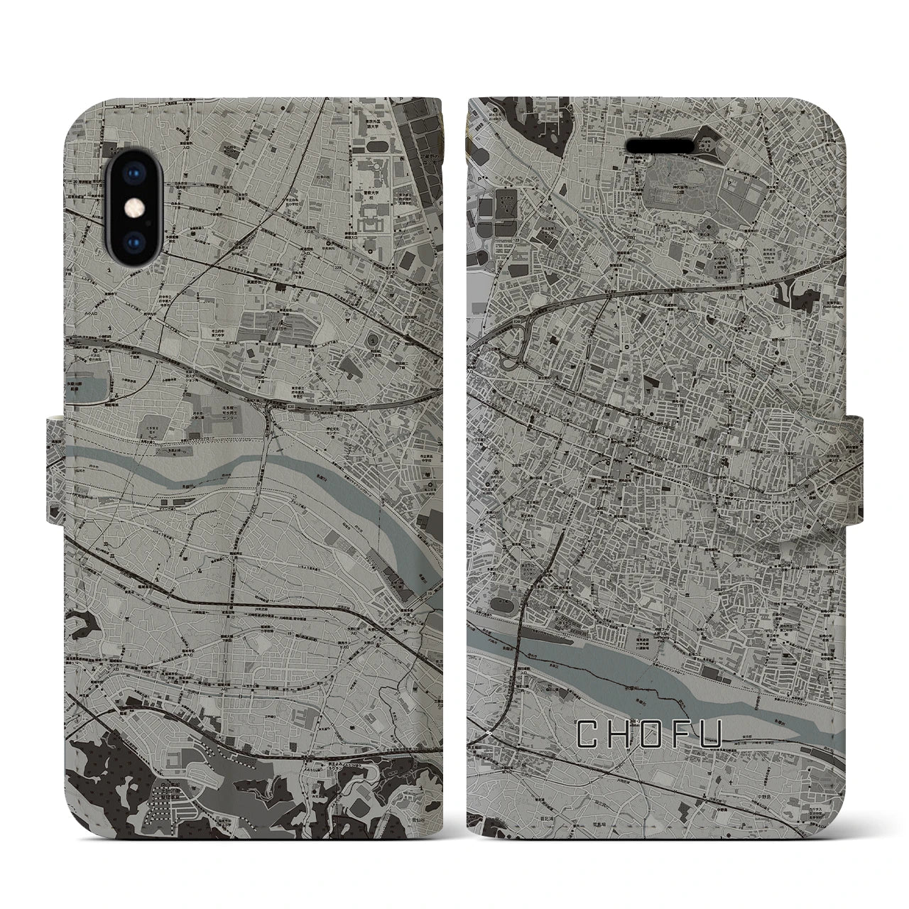 【調布(東京都)】地図柄iPhoneケース(手帳タイプ)モノトーン・iPhone XS / X 用