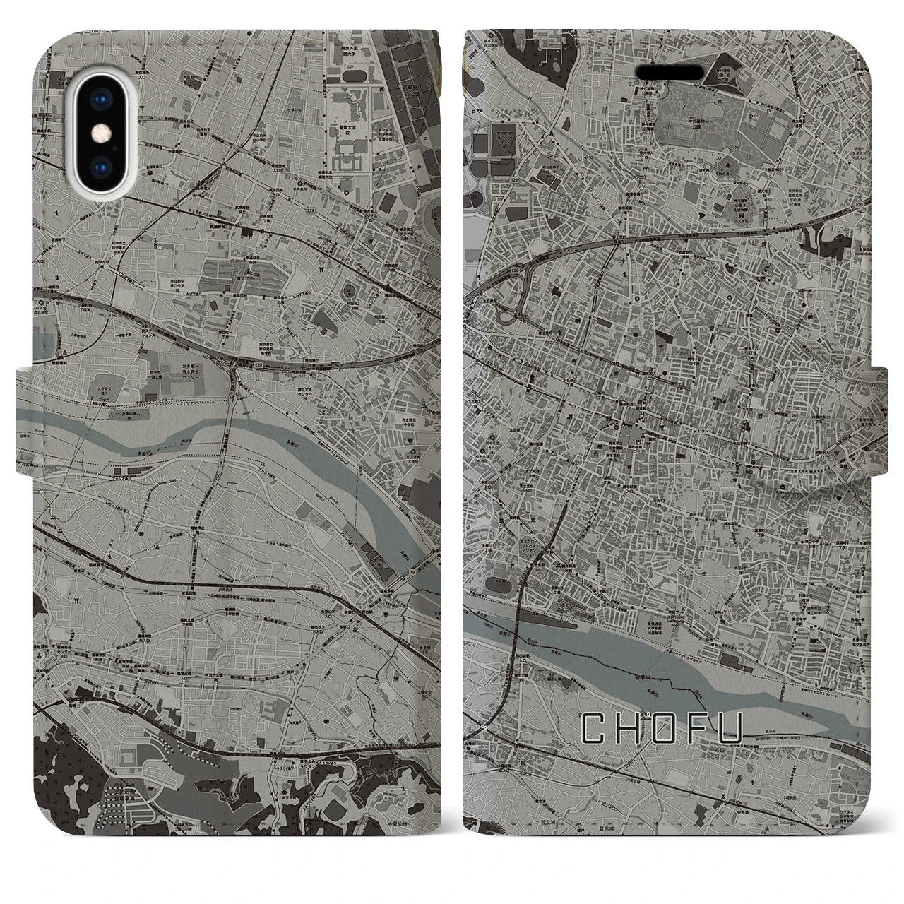 【調布(東京都)】地図柄iPhoneケース(手帳タイプ)モノトーン・iPhone XS Max 用