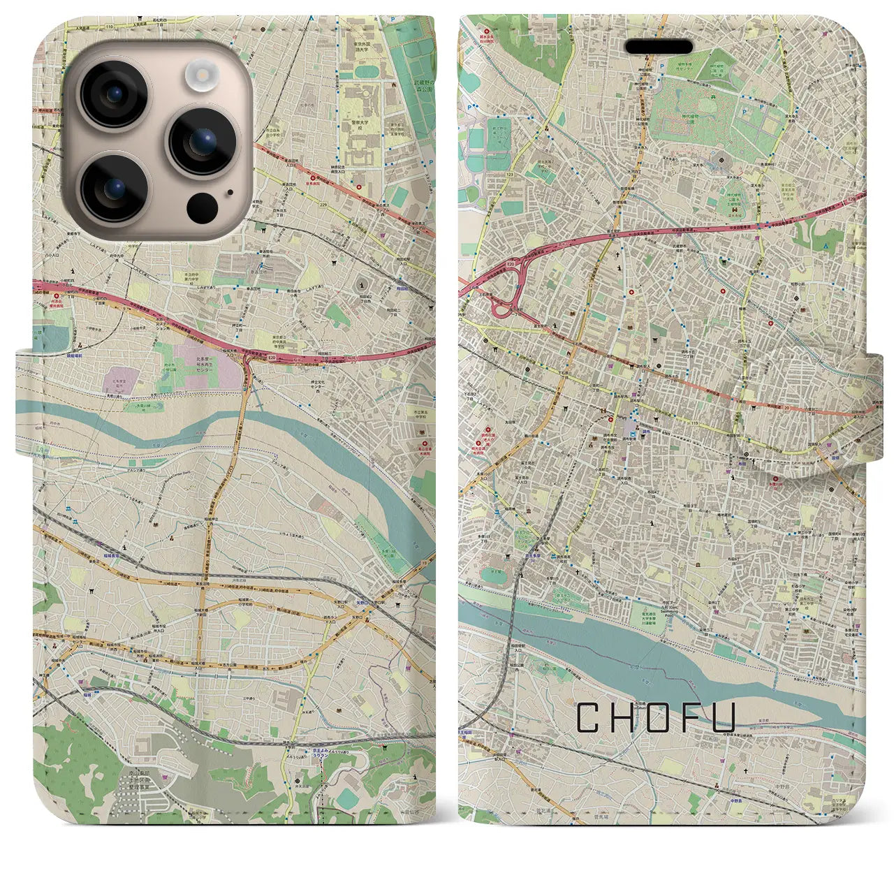【調布(東京都)】地図柄iPhoneケース(手帳タイプ)ナチュラル・iPhone 16 Plus 用