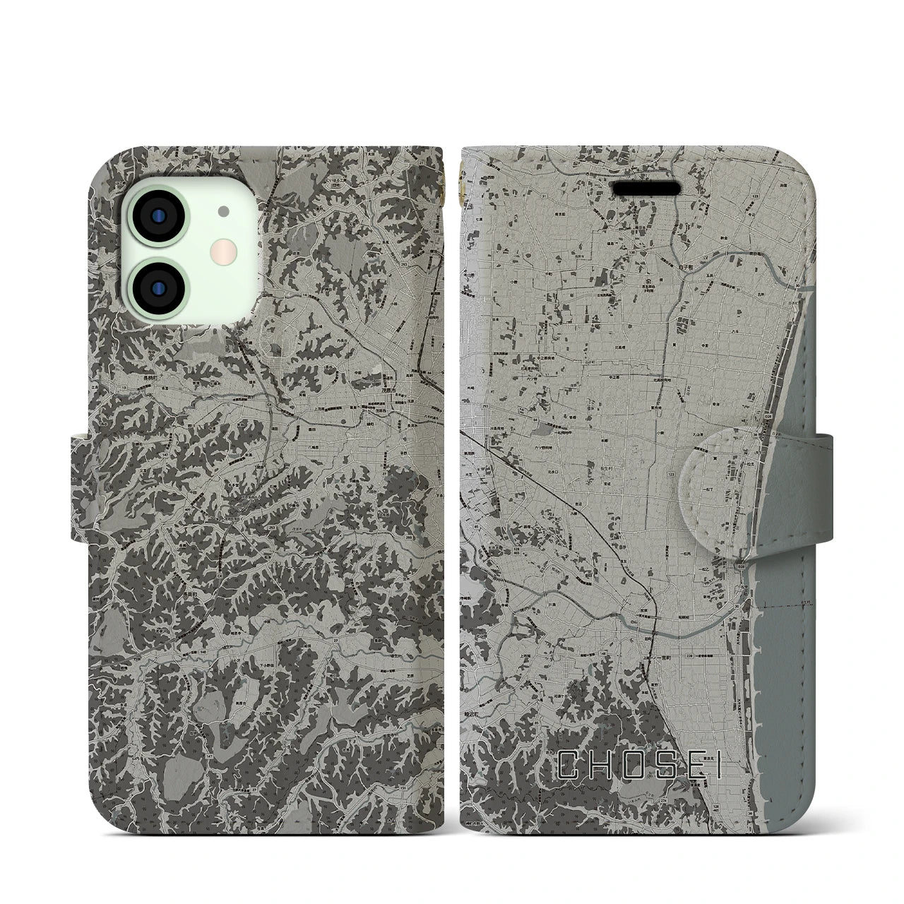 【長生(千葉県)】地図柄iPhoneケース(手帳タイプ)モノトーン・iPhone 12 mini 用