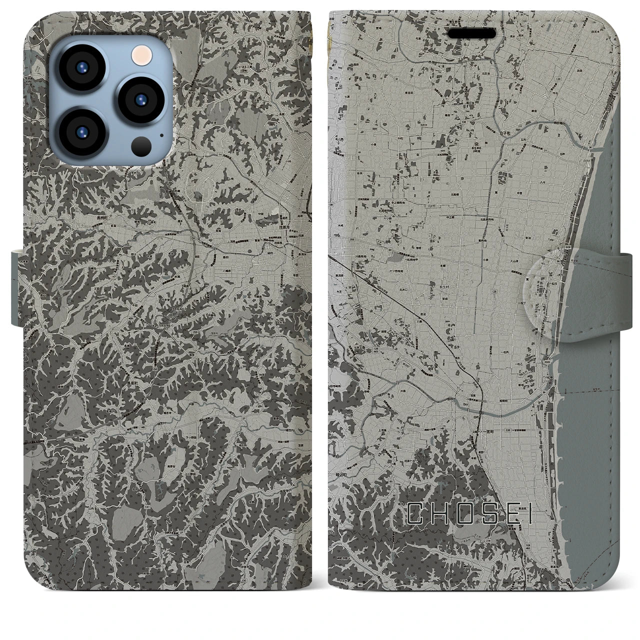 【長生(千葉県)】地図柄iPhoneケース(手帳タイプ)モノトーン・iPhone 13 Pro Max 用