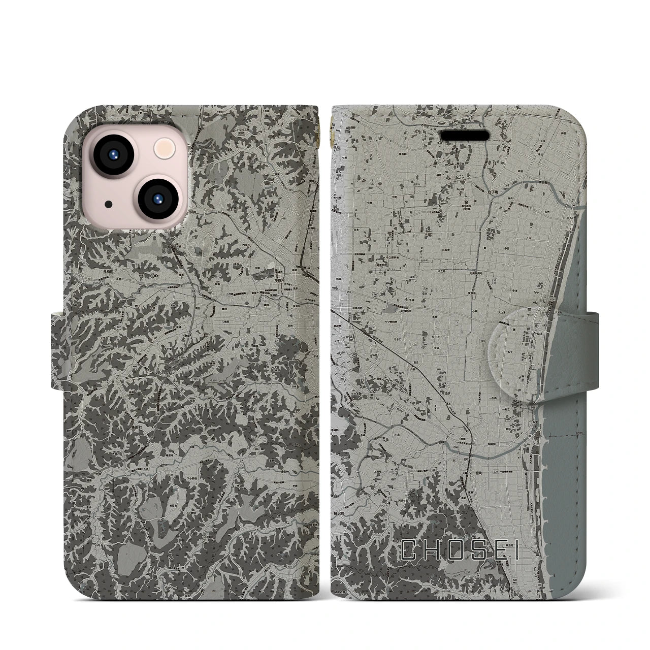 【長生(千葉県)】地図柄iPhoneケース(手帳タイプ)モノトーン・iPhone 13 mini 用