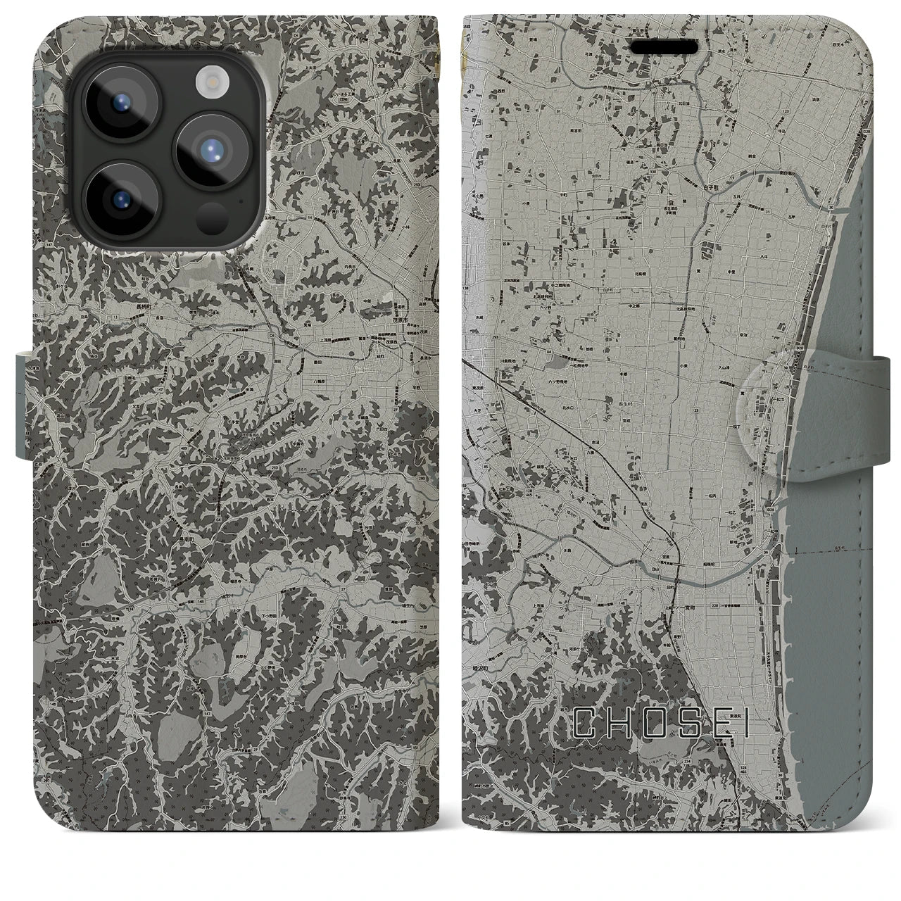 【長生(千葉県)】地図柄iPhoneケース(手帳タイプ)モノトーン・iPhone 15 Pro Max 用