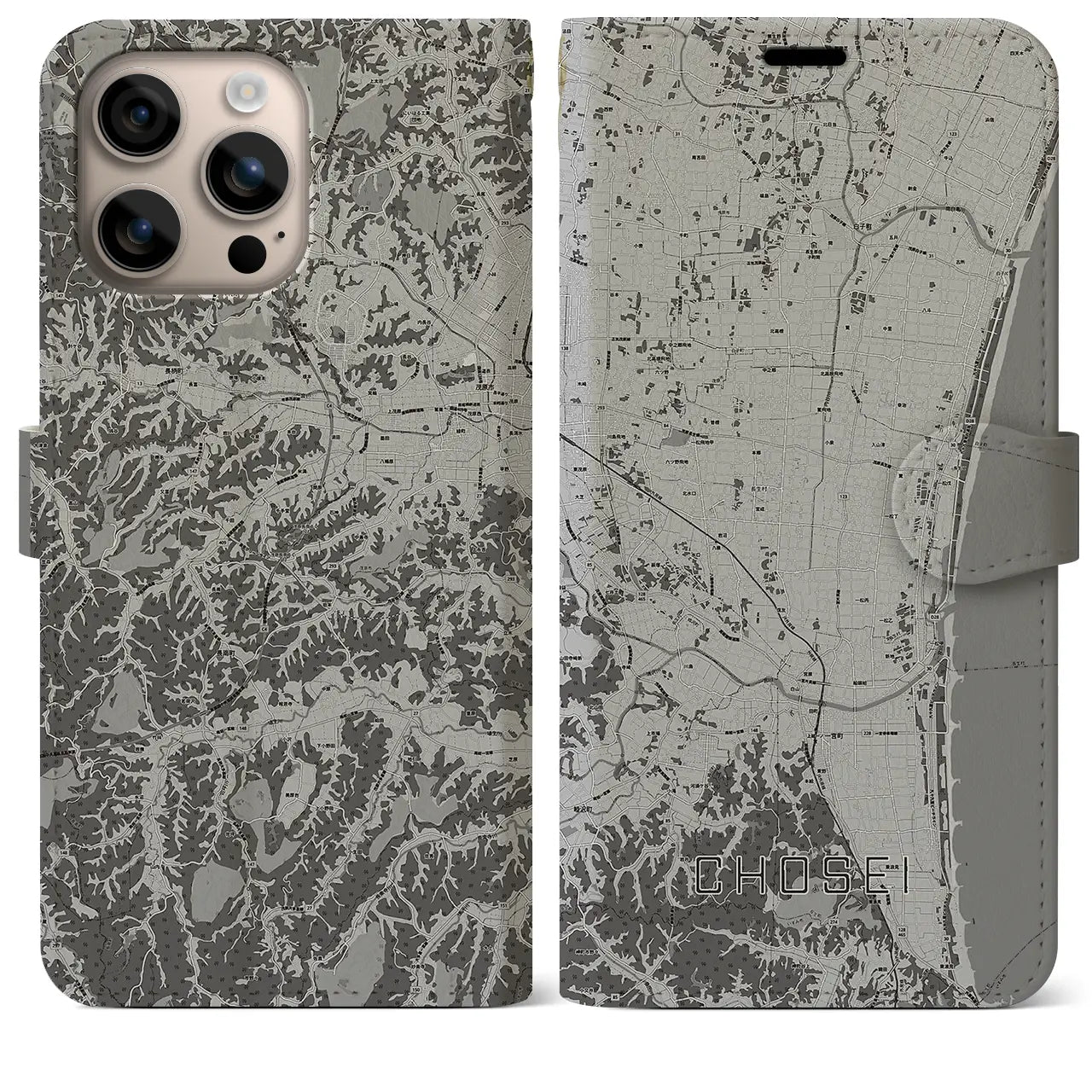 【長生(千葉県)】地図柄iPhoneケース(手帳タイプ)モノトーン・iPhone 16 Plus 用