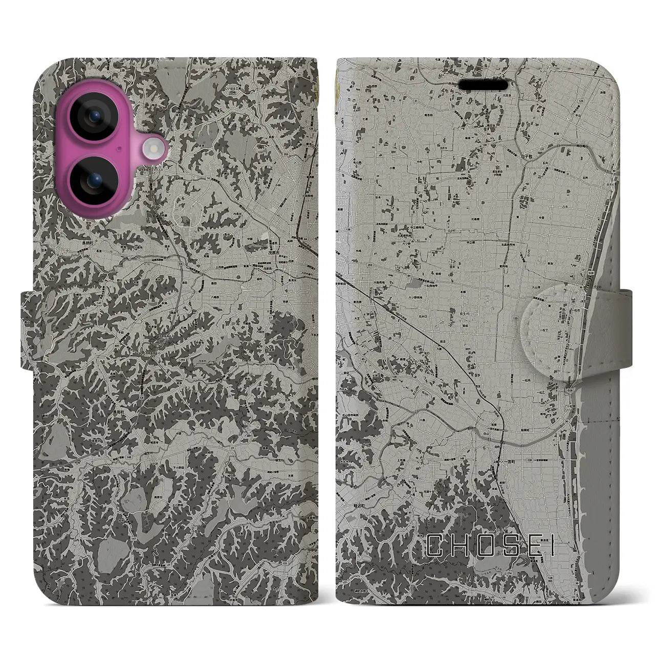 【長生(千葉県)】地図柄iPhoneケース(手帳タイプ)モノトーン・iPhone 16 Pro 用