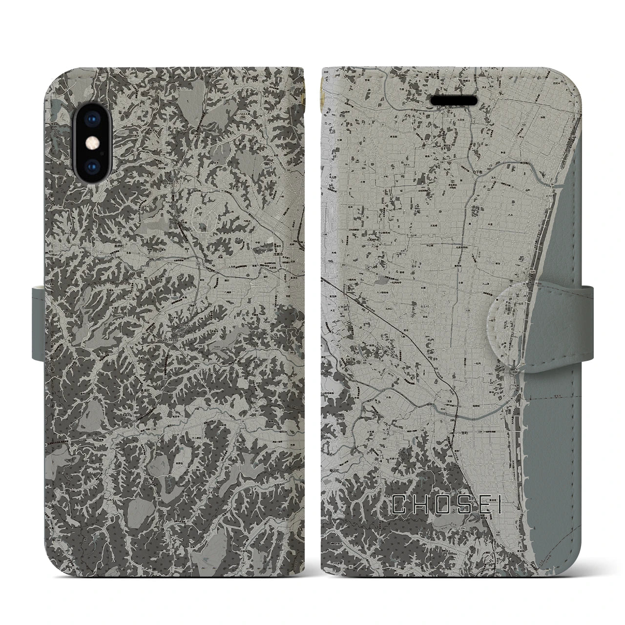 【長生(千葉県)】地図柄iPhoneケース(手帳タイプ)モノトーン・iPhone XS / X 用