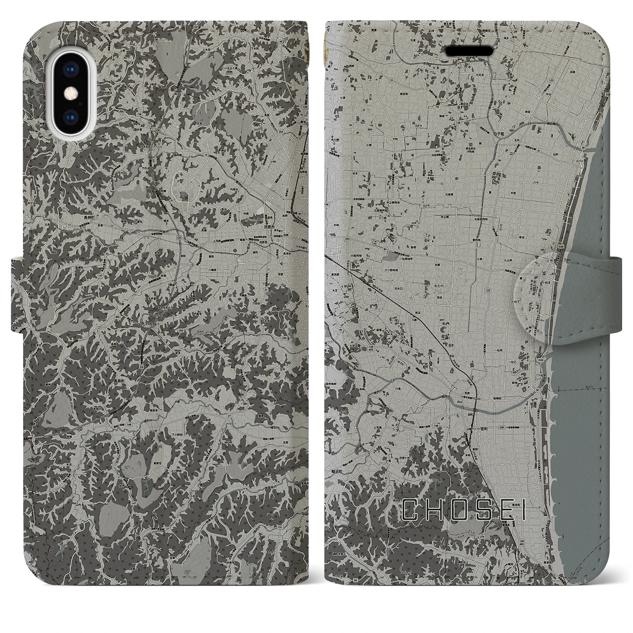 【長生(千葉県)】地図柄iPhoneケース(手帳タイプ)モノトーン・iPhone XS Max 用