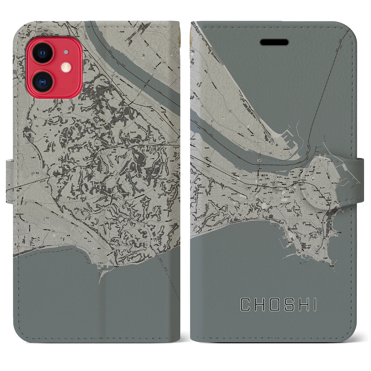 【銚子(千葉県)】地図柄iPhoneケース(手帳タイプ)モノトーン・iPhone 11 用