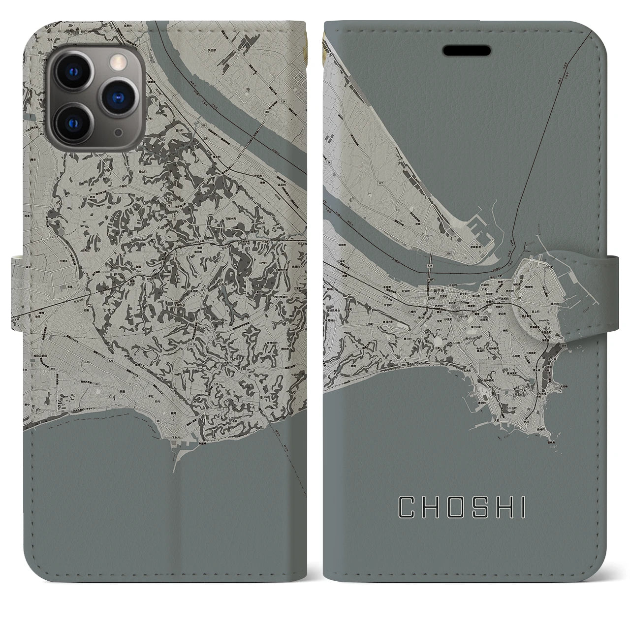 【銚子(千葉県)】地図柄iPhoneケース(手帳タイプ)モノトーン・iPhone 11 Pro Max 用