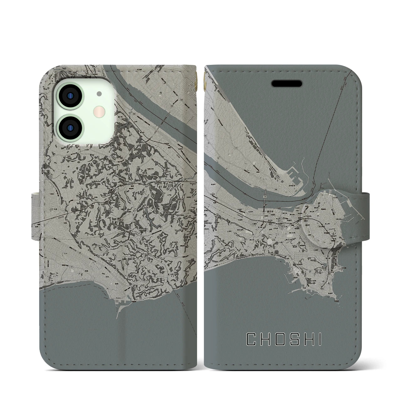 【銚子(千葉県)】地図柄iPhoneケース(手帳タイプ)モノトーン・iPhone 12 mini 用