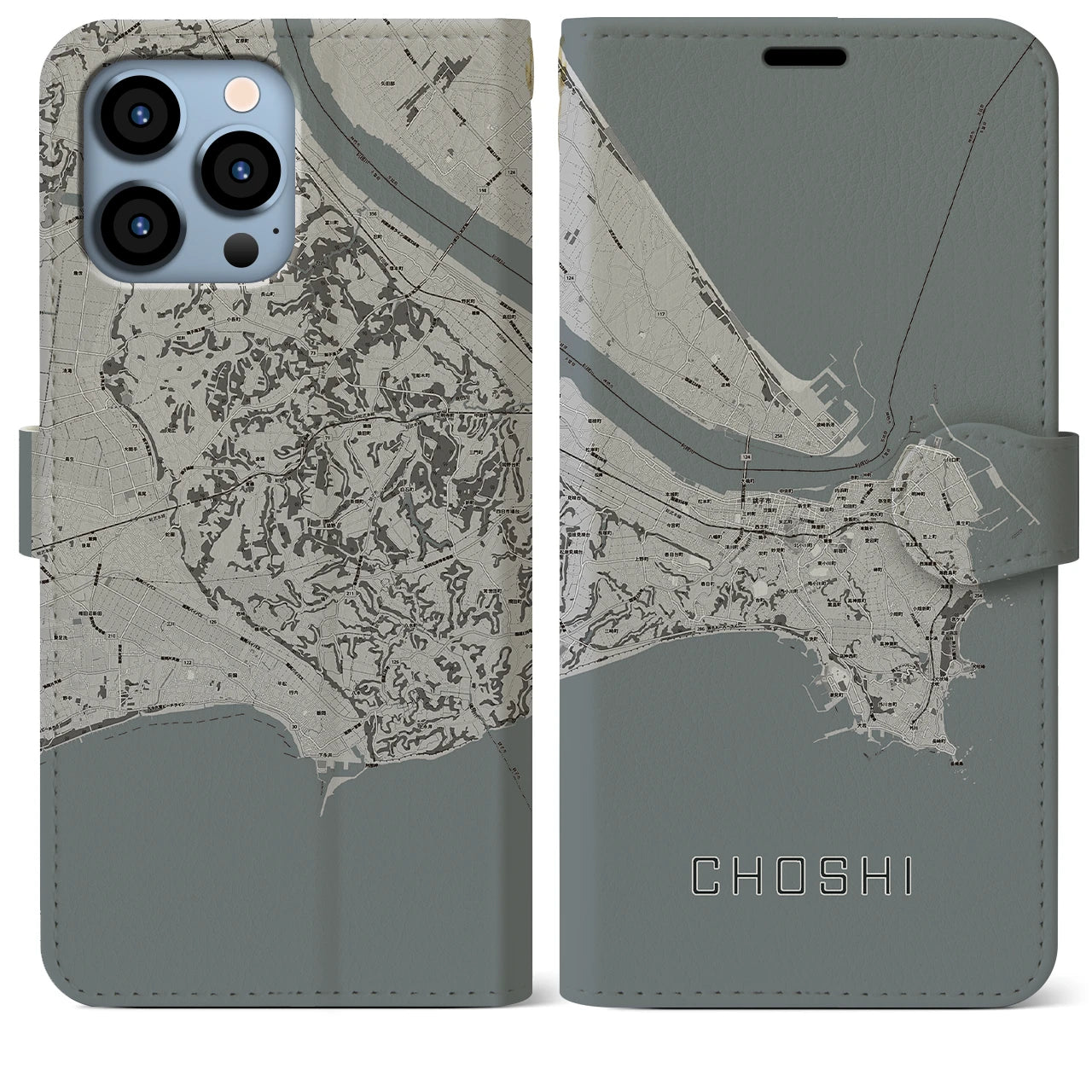【銚子(千葉県)】地図柄iPhoneケース(手帳タイプ)モノトーン・iPhone 13 Pro Max 用