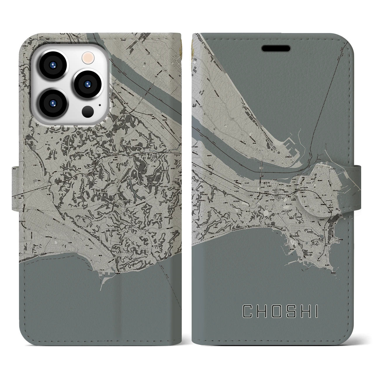 【銚子(千葉県)】地図柄iPhoneケース(手帳タイプ)モノトーン・iPhone 13 Pro 用