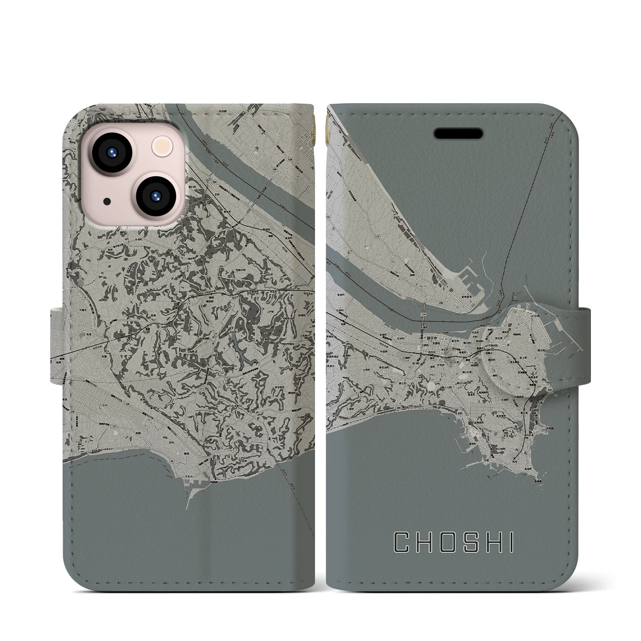 【銚子(千葉県)】地図柄iPhoneケース(手帳タイプ)モノトーン・iPhone 13 mini 用