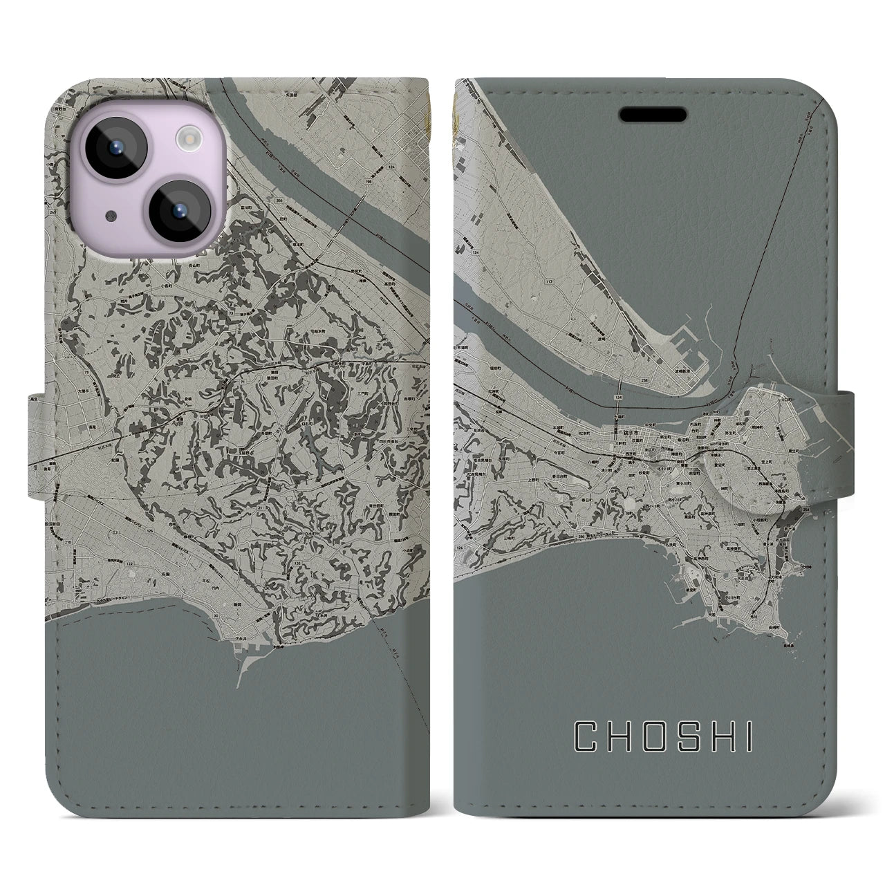【銚子(千葉県)】地図柄iPhoneケース(手帳タイプ)モノトーン・iPhone 14 用