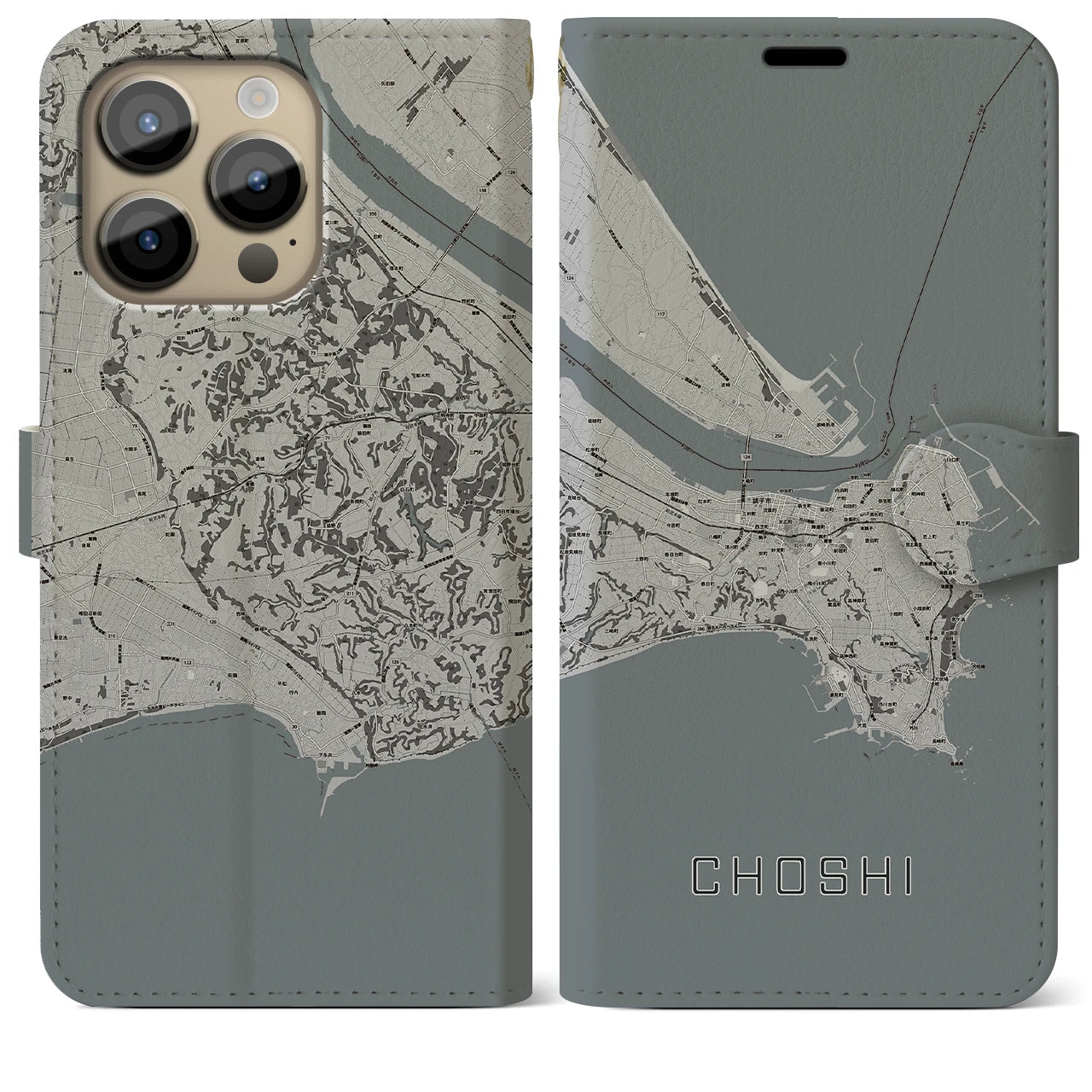 【銚子(千葉県)】地図柄iPhoneケース(手帳タイプ)モノトーン・iPhone 14 Pro Max 用